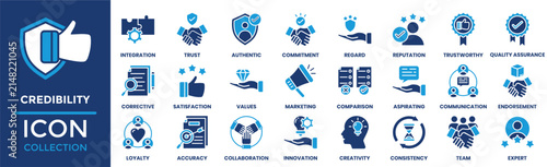 Credibility icon set. Containing trust, reputation, quality assurance, authenticity, loyalty, collaboration, communication, innovation, expert and more. Solid vector icons collection.