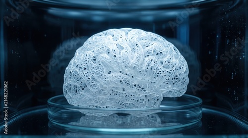 Artificial biological brain structure grown inside glass petri dish for medical research.