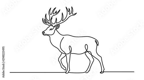 Minimalist continuous single line drawing of walking deer with large branched deer antlers