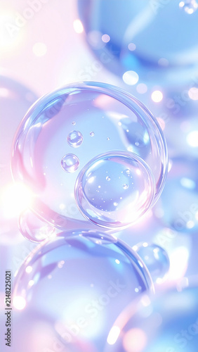 透明なハイドロゲル球体とパステルブルーの光、高保湿美容液を表現した縦長3D背景 / Transparent Hydrogel Spheres with Pastel Blue Light, Vertical 3D Background of Hydrating Beauty Serum