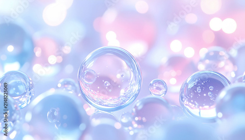 ブルーとピンクの光に包まれて浮遊する透明なハイドロゲル球体、高保湿スキンケアの3D背景 / Transparent Hydrogel Spheres Floating in Blue and Pink Light, 3D Background of Hydrating Skincare