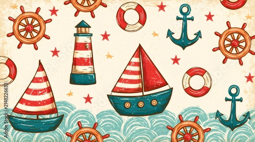 Nautical marine seamless pattern with sailing elements