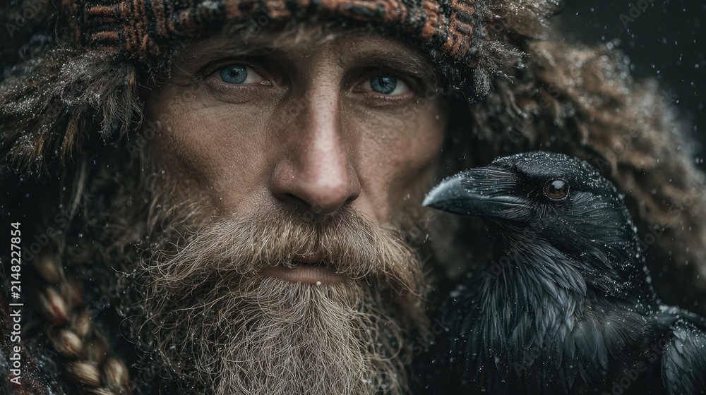 Naklejka premium Intense Portrait of a Man with a Raven in Winter Setting