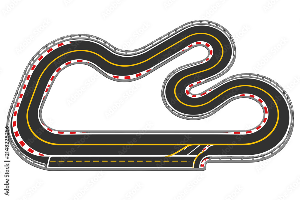 Obraz premium Top-Down Vector Illustration of a Winding Race Track with Safety Barriers and Checkered Curbs, Perfect for Racing Game Graphics and Motorsport Event
