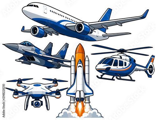 Illustration of Various Flying Machines Including a Passenger Plane, Military Jet, Space Shuttle, Drone, and Helicopter, Representing Air Travel