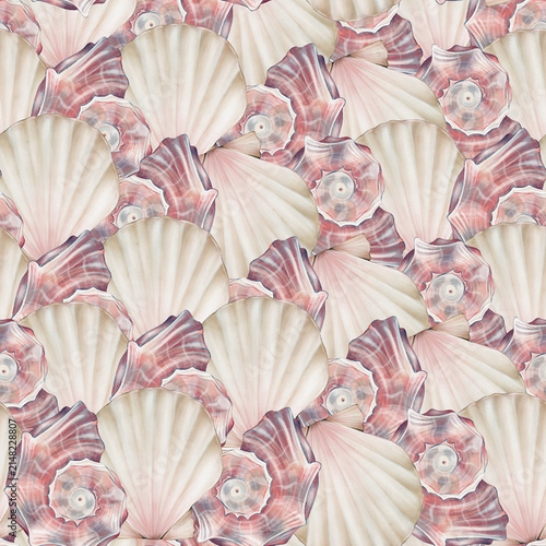 Cuadro en lienzo Seamless seashell pattern with scallop shells and spiral marine shells in soft blush pink tones