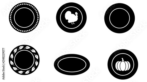 Bild auf Leinwand Thanksgiving dinner plate icon set with turkey pumpkin leaf pattern and serving