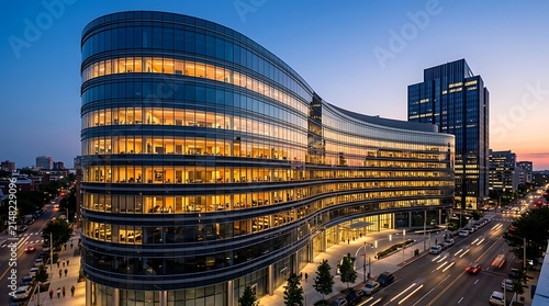 Modern Curved Glass Office Building at Dusk Cityscape