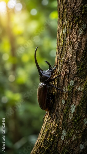 Stunning Macro Photography of a Giant Rhinoceros Beetle Perched on a Mossy Wood Branch with a Lush Green Bokeh Background