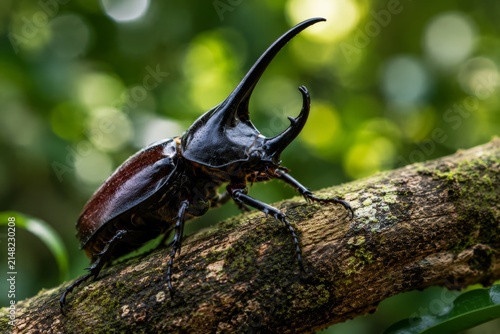 Stunning Macro Photography of a Giant Rhinoceros Beetle Perched on a Mossy Wood Branch with a Lush Green Bokeh Background
