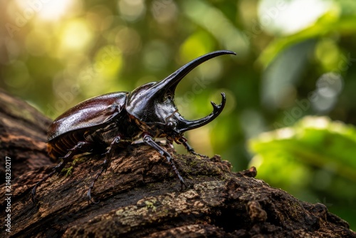 Stunning Macro Photography of a Giant Rhinoceros Beetle Perched on a Mossy Wood Branch with a Lush Green Bokeh Background