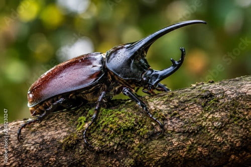 Stunning Macro Photography of a Giant Rhinoceros Beetle Perched on a Mossy Wood Branch with a Lush Green Bokeh Background