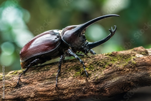 Stunning Macro Photography of a Giant Rhinoceros Beetle Perched on a Mossy Wood Branch with a Lush Green Bokeh Background