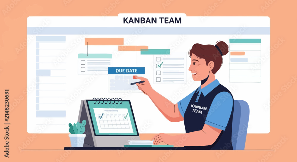 Fototapeta premium Kanban Teamwoman Organizing Tasks on Project Board and Calendar