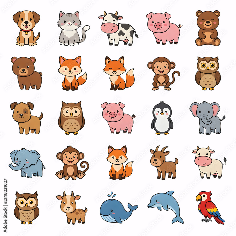 Obraz premium A set of cute cartoon animals and wild creatures collection 