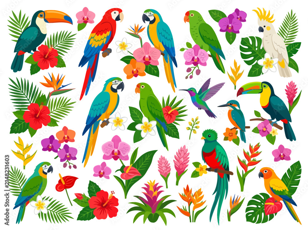 Fototapeta premium A vibrant collection of tropical birds and exotic flowers.