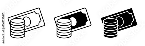 Money Icons: Stacked Coins and Banknotes, Financial Symbols, Cash and Currency Graphics