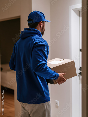 Delivery courier carrying parcel at apartment entrance, last mile delivery worker in blue uniform