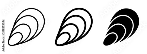 Mussel Shell Icons, Simple Outline and Solid Black Vector Graphics for Seafood and Marine Themes