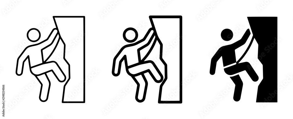 Obraz premium Rock Climbing Icons Set, Vector Silhouette of Climber Ascending Mountain Face, Sport and Adventure Graphics