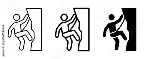 Rock Climbing Icons Set, Vector Silhouette of Climber Ascending Mountain Face, Sport and Adventure Graphics