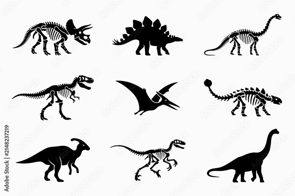 Obraz premium Dinosaur skeleton and silhouette icon collection