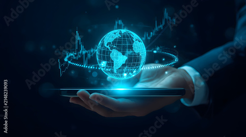 Futuristic technology showing digital globe and stock market statistics floating above a mobile device