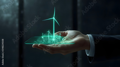 A hand holds a holographic display of wind turbines representing energy for the future.