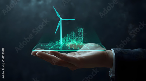 Businessman holding futuristic glowing digital wind turbine hologram representing clean green energy and sustainable technology development