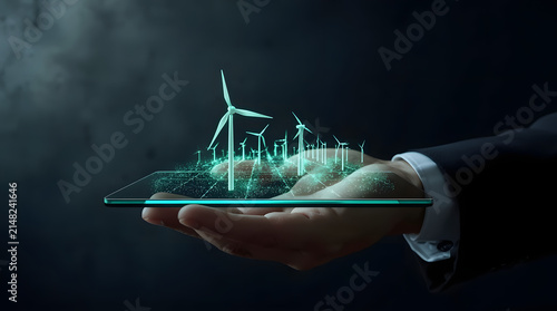Futuristic holographic projection of wind turbines on a digital screen held by a hand representing sustainable green energy and innovation