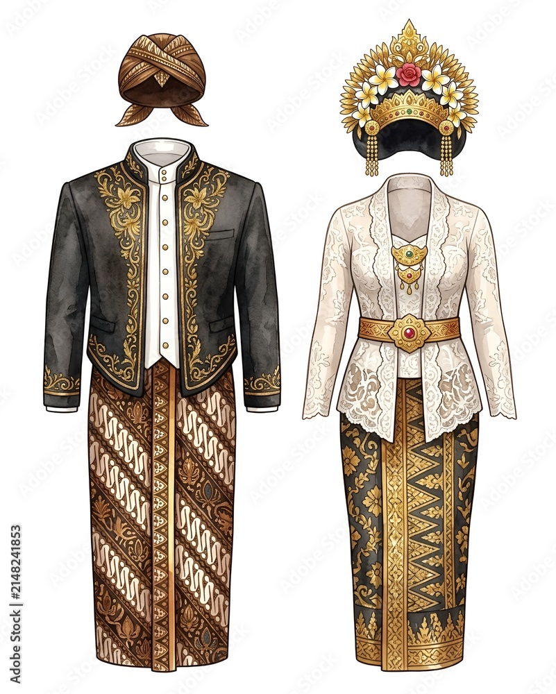 Fototapeta premium Watercolor Indonesian old traditional custom isolated on a pure white background