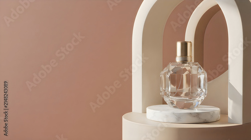 Luxury glass perfume bottle on a marble stand within an architectural archway on a beige background