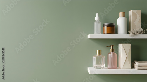 Modern bathroom shelves with skincare products and towels against a sage green wall