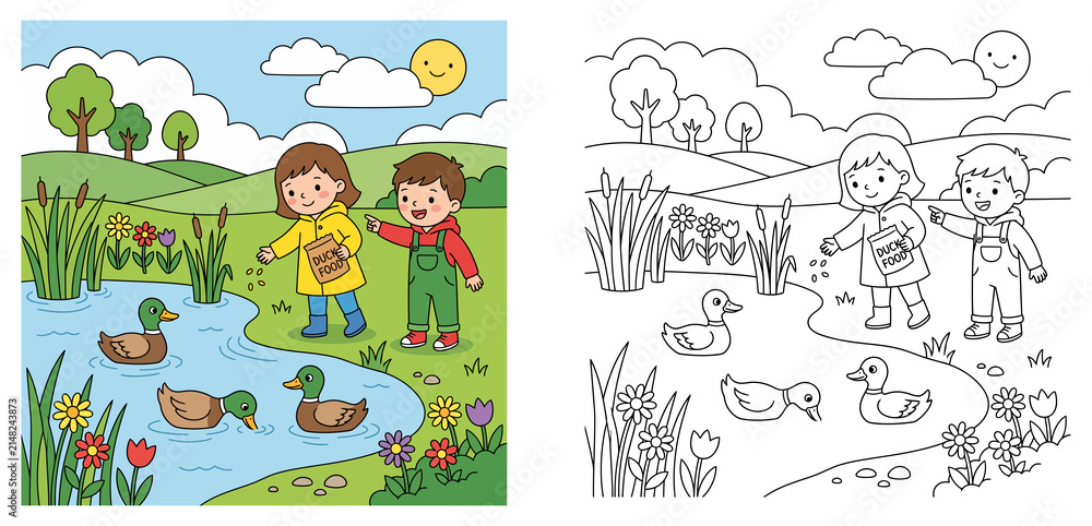 Fototapeta premium Children Feeding Ducks in Pond Vector Illustration and Line Art Coloring Page Outline for Kids Activity Book