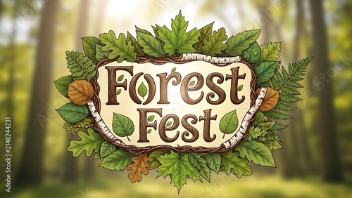 Forest Fest wood slice logo with leaf border decoration.
