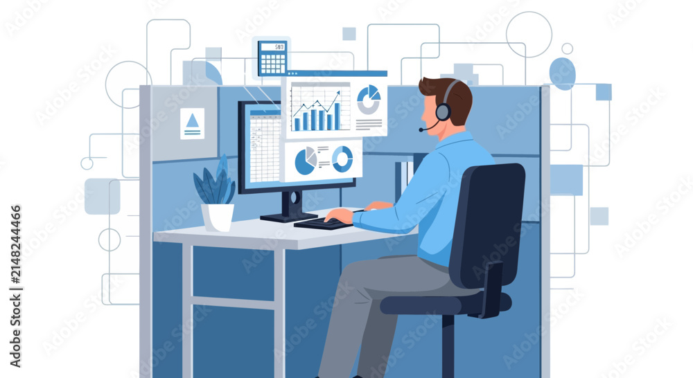 Fototapeta premium Customer Service Representative Working in Call Center with Financial Data Analysis