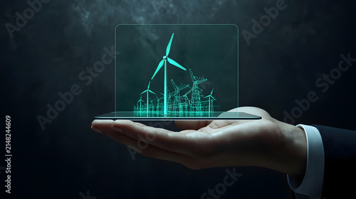 Hand holding futuristic holographic tablet displaying green wind turbines for renewable energy