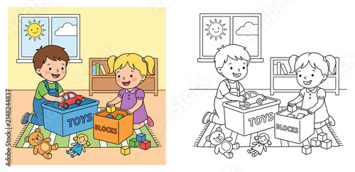 Vector Illustration and Coloring Page Set of Kids Playing with Toys, Cute Boy and Girl Cleaning Up Playroom and Organizing Toy Boxes