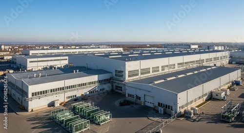 Expansive industrial complex with modern white architecture under a clear blue sky, showcasing large-scale manufacturing and logistics operations.