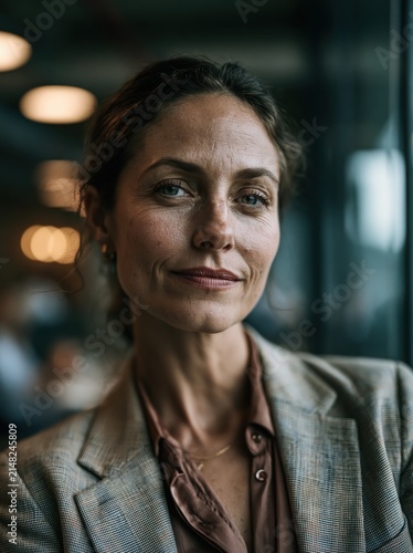Beautiful businesswoman in office portrait, professional attire, confident and approachable, head-and-shoulders, highly detailed and photorealistic