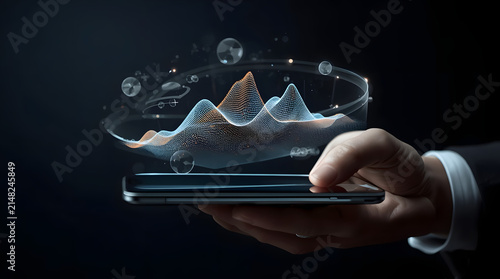 Businessman holding a smartphone with futuristic holographic data analysis chart and glowing graphs