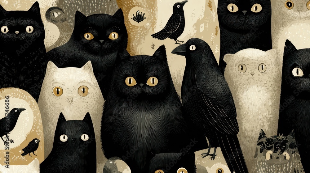 Naklejka premium Black Cats and Ravens Illustration with Unique Eye Designs and Patterns