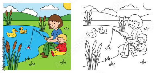 Obraz na płótnie Mother and Son Fishing by a Pond Vector Illustration with Matching Line Art Colo