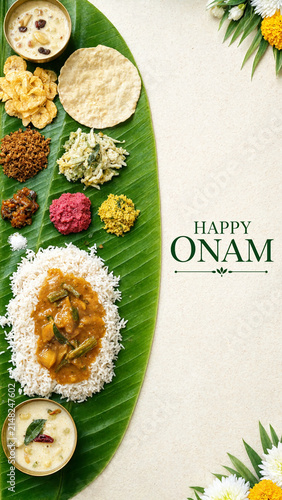 Traditional onam sadya feast on banana leaf, kerala vegetarian meal with rice curry papadam payasam chutney pickle thoran, floral harvest festival greeting layout, indian festive cuisine