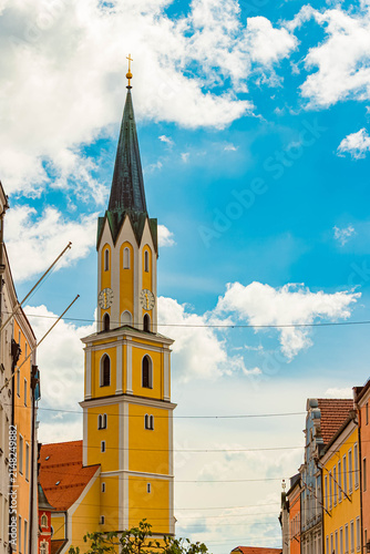 Beautiful summer view with a church at Vilshofen an der Donau, Danube, Passau, Bavaria, Germany