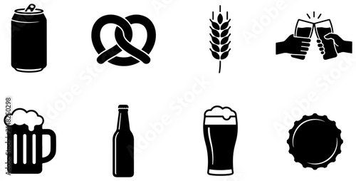 Beer Icons Collection: Can, Pretzel, Wheat, Toasting Glasses, Mug, Bottle, Pint, Cap. Vector Graphics for Beverage and Pub Themes.