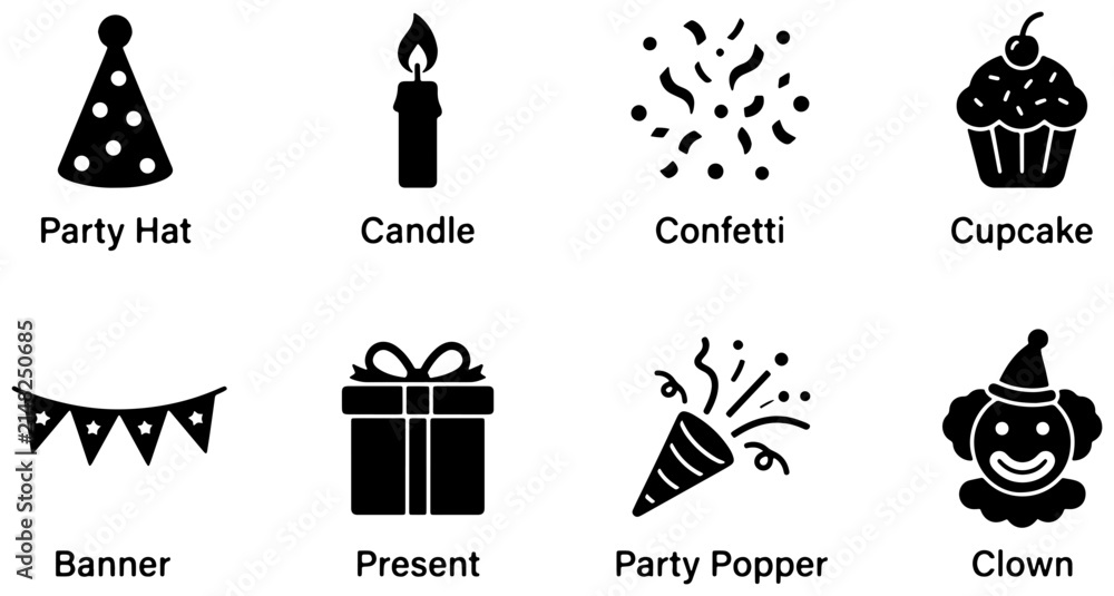 Naklejka premium Celebration Icons: Party Hat, Candle, Confetti, Cupcake, Banner, Present, Party Popper, Clown Vector Set for Festive Design