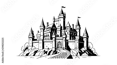 Quadro su tela Fantasy Castle Illustration on Rocky Hill