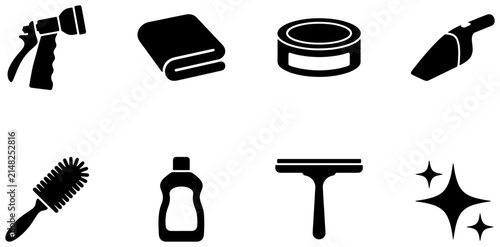 Obraz na płótnie Cleaning Supplies Icons Set: Spray Bottle, Squeegee, Brush, Towel, Polish, Spark