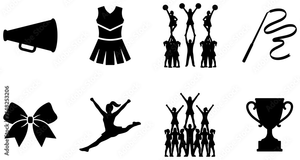 Fototapeta premium Cheerleading Icons Set, Silhouette Vector Graphics: Megaphone, Uniform, Pyramids, Ribbon, Bow, Dancer, Trophy for Sports and Performance Design